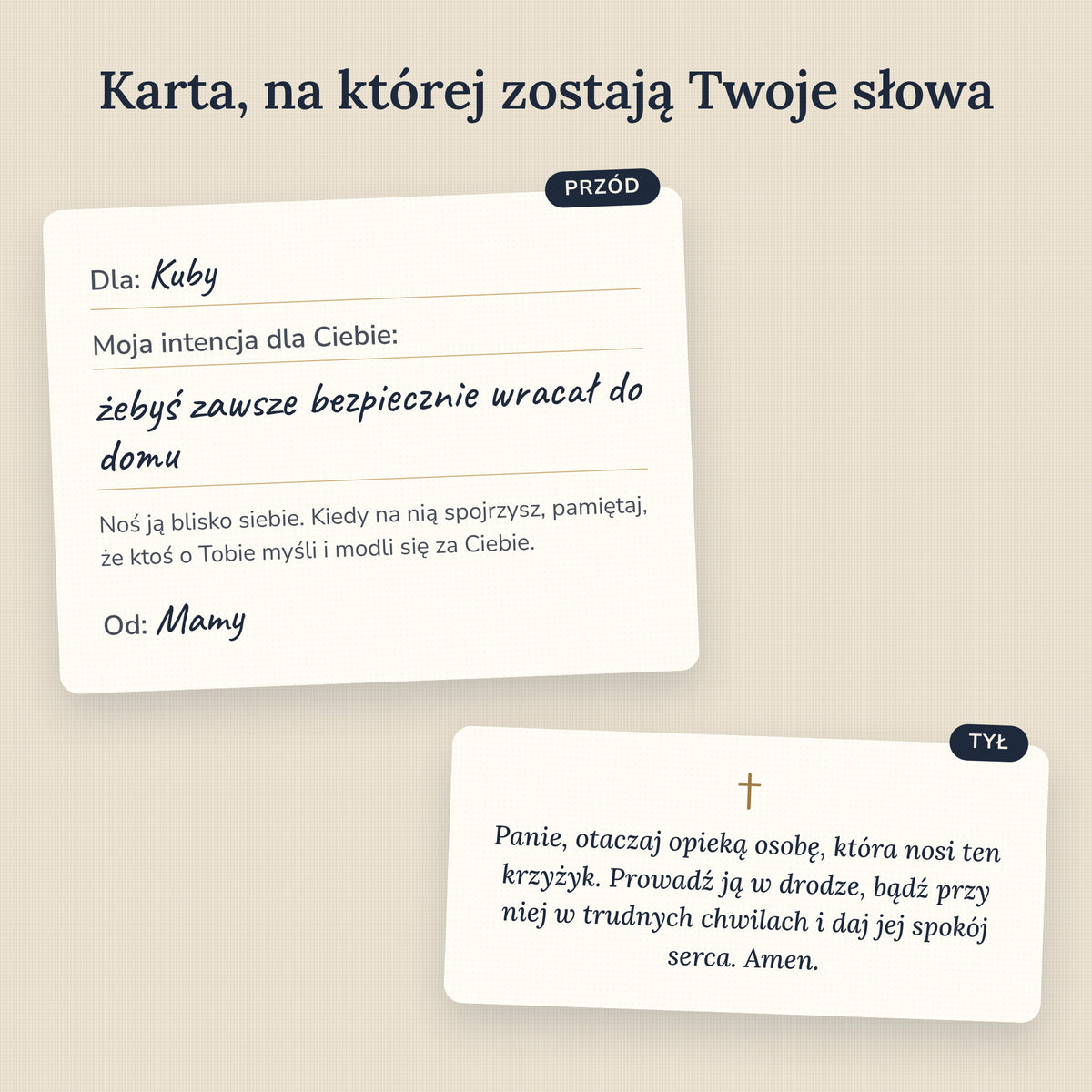 Karta intencji z miejscem na imię i Twoje słowa, modlitwa na odwrocie