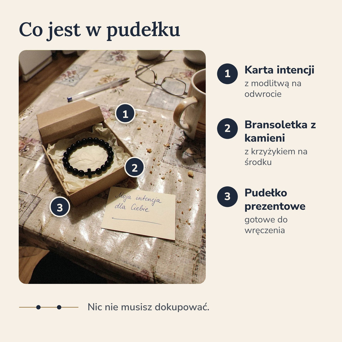 Co jest w pudełku: bransoletka, karta intencji, pudełko prezentowe